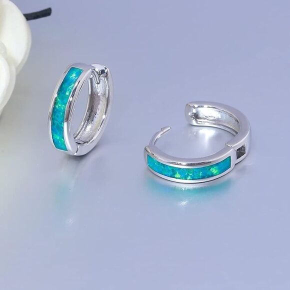 14K White Gold with Genuine Green Fire Opal Huggie Hoop Snap Hinge Earrings - Picture 3 of 4